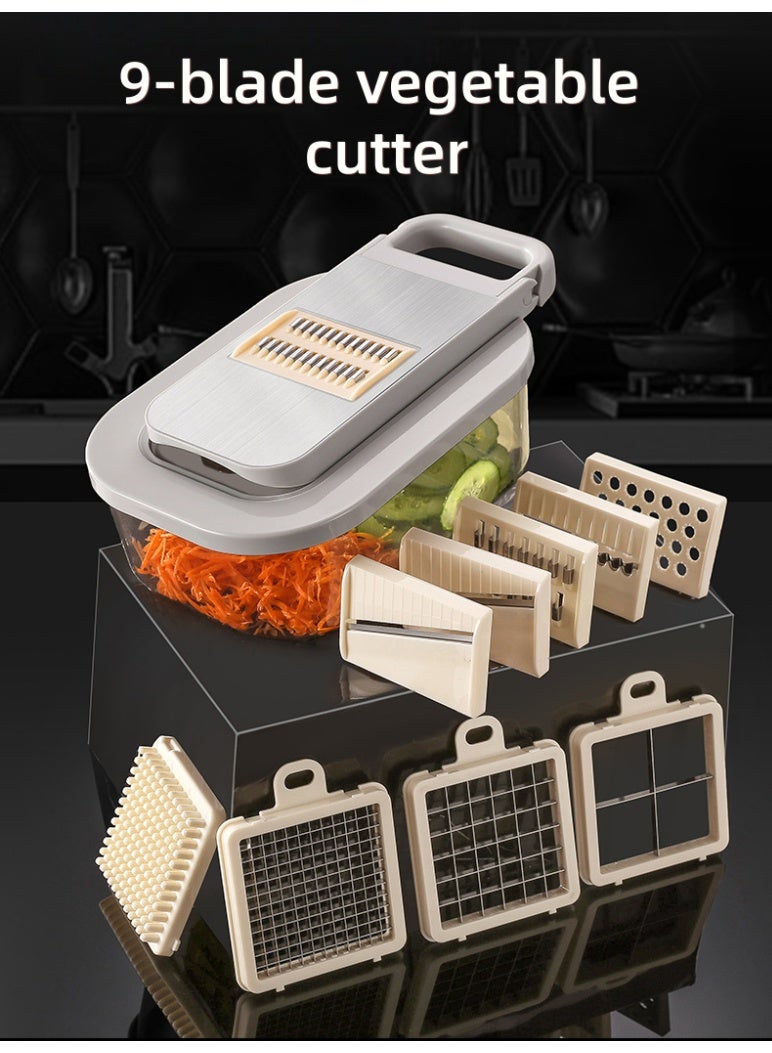 قطاعة خضار 304 ستانلس ستيل – 9 شفرات متعددة، قطاعة سلطة وبصل وبطاطس ومبشرة خضار يدوية مع حاوية للمطبخ - Image 1